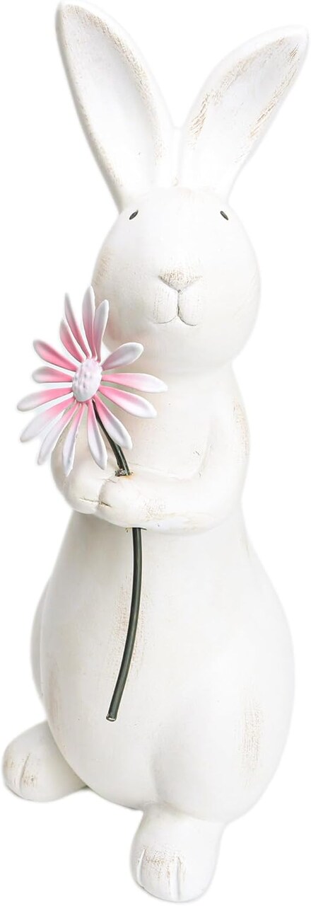 Spring Easter Decorations, 13.2" Distressed Resin Easter Bunny with Pink Flower, Easter Gifts, Farmhouse Decorative Rabbit for Tabletop Mantel, Spring Garden Yard Decor